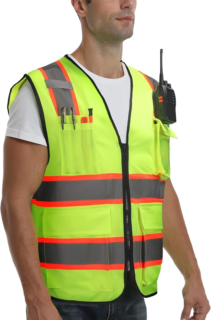 9 Pocket High Visibility Class 2 Safety Vest with 2 Inch Wide Reflective Strips Zipper Construction Work Vest for Men & Women Lime, 5XL