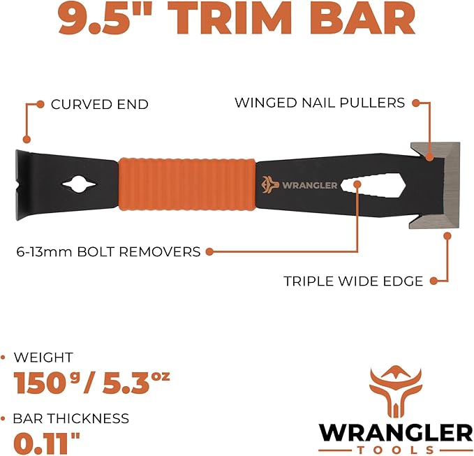 9.5" Trim Bar Pry Bar - Patented Small Pry Bar with Bolt Remover & Nail Puller for Home Improvement & Construction - Flat Bar with Shock-Absorbing Grip & Wide Winged Ends