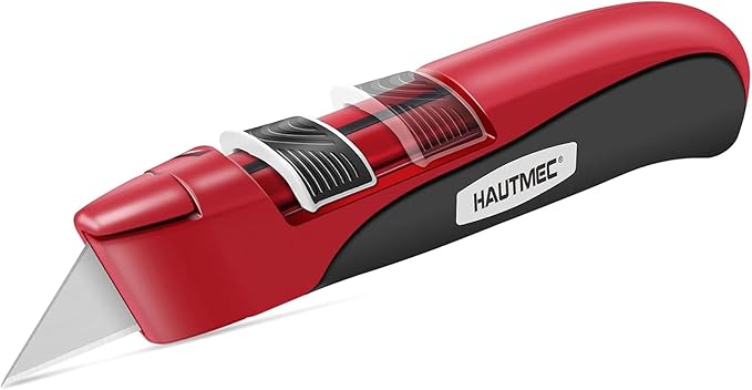 HAUTMEC High Safety Utility Knife, Self-retracting Box Cutter with Double Safety Mechanism - Automatic Blade Retraction After Cuts & Self-retraction by Release Push Button – HT0195
