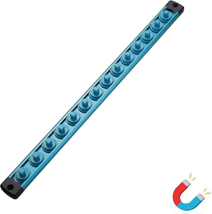 ALOANES Magnetic Socket Organizer, 1/4-Inch Drive Aluminum Socket Holder Socket Tray, Heavy Duty Socket Rail Organizer for Tool Box Drawer, 360°Swivel Clips Socket Rack 1/4-Inch x 14 Clips (Aqua Blue)