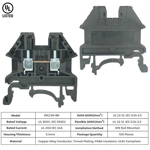 DIN Rail Terminal Blocks Kit by International Connector 20 Dinkle DK2.5N DIN Terminal Block Connectors 12-22 AWG Gauge 20A 600V, Ground Blocks, Jumpers, End Covers, End Brackets on 8'' Aluminum Rail