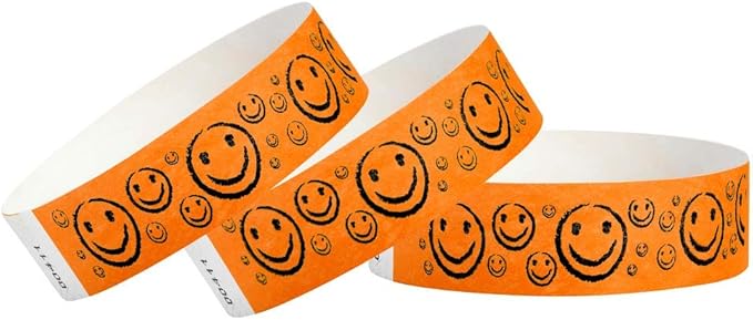 500 WristCo Neon Orange Smiley Face Tyvek Wristbands for Events - ¾” x 10” - Waterproof Recyclable Comfortable Tear Resistant Paper Bracelets Wrist Bands for Concerts Festivals Admission Party
