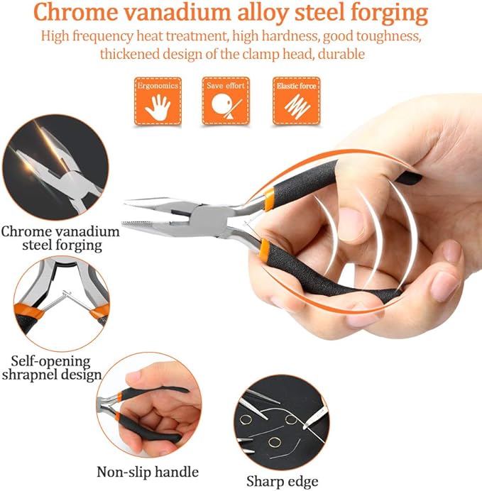SOONAN 5 Pieces Mini Pliers, Long Lasting Tool Set Cable Cutters – Long Needle Nose, Long Nose, Nipper Bent Nose, End Cutting, Diagonal Cutting, Precision Pliers Set