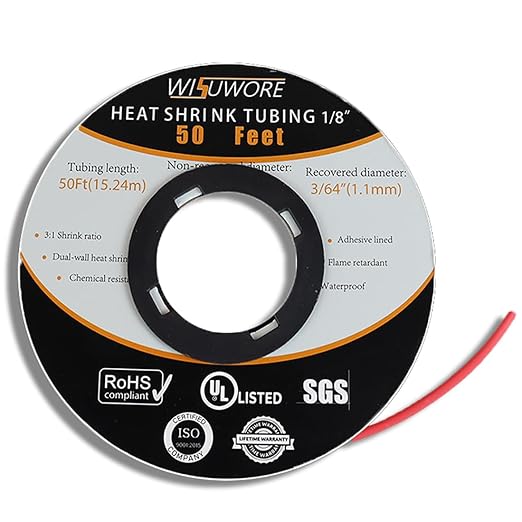 1/8'' Heat Shrink Tubing, 50 Ft 3:1 Waterproof Heat Shrink Tubing Roll, Marine Grade Adhesive Lined Heat Shrink Tube for Wire Insulation,UL Listed and RoHS Compliant Red