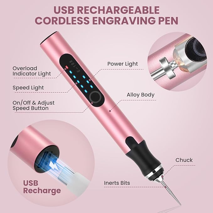 Electric Engraving Pen with 37 Bits, USB Rechargeable Cordless Etching Engraving Tool, Portable DIY Rotary Engraver for Jewelry Wood Glass Stone Carving (Rose Red)