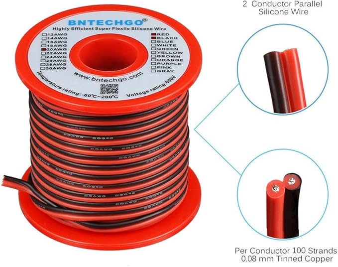 BNTECHGO 20 Gauge Flexible 2 Conductor Parallel Silicone Wire Spool Red Black High Resistant 200 deg C 600V for Single Color LED Strip Extension Cable Cord,Model,50ft Stranded Tinned Copper Wire
