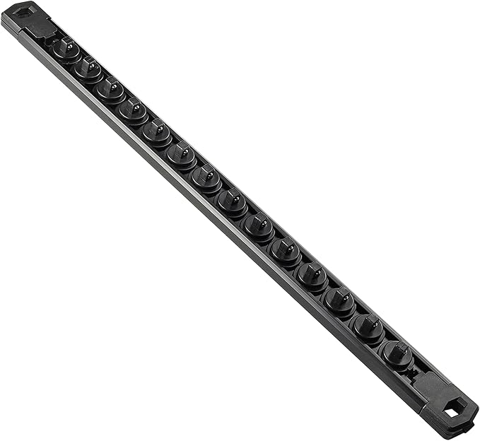Magnetic Socket Organizer, 1-Piece Heavty Duty Aluminum Socket Holder, Socket Rail for Tool Box, Premium Quality 360° Swivel Socket Rack with 14 Clips for 1/4-Inch(Black)