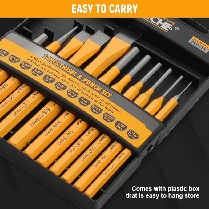 Hoteche 12-Piece Punch and Chisel Set Including Taper Punch, Center Punch, Cold Chisel, Pin Punch with Storage Case for Metalworking and Woodworking