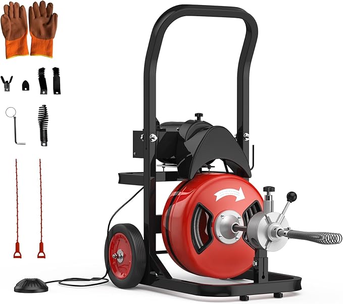 Drain Cleaning Machine 100Ft 1/2 Inch Cable, 450W Auto Feed Portable Electric Sewer Snake, Electric Drain Auger with 6 Cutter Air-Activated Foot Switch for 2" to 4" Pipes