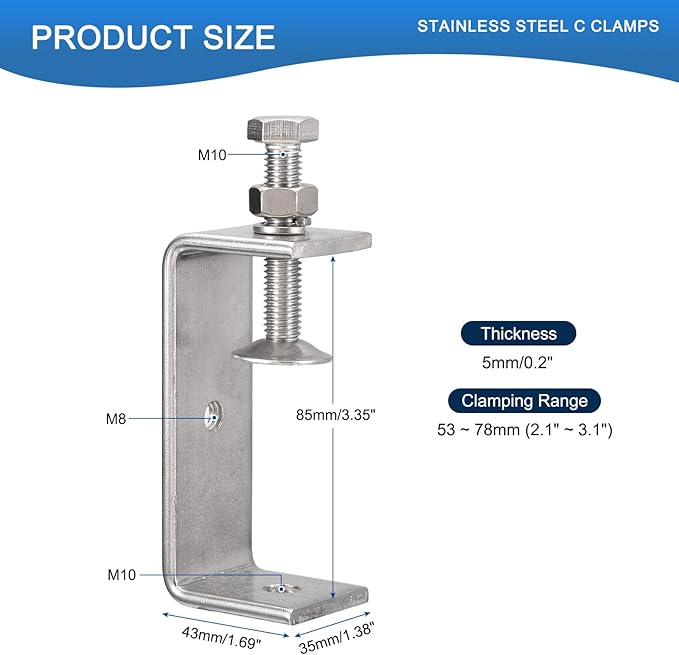 2 Pack 304 Stainless Steel C Clamps with 85mm/3.35" Stable Wide Jaw Opening Tiger Clamp for Woodworking Welding Construction Household Mount