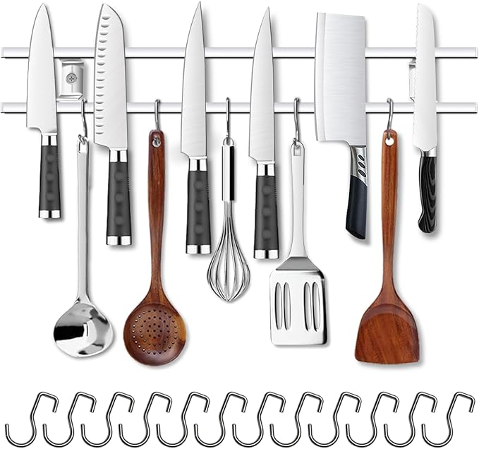 24-Inch Magnetic Knife Holder for Wall – 304 Stainless Steel Knife Strip with 12 Hooks – Magnetic Knife & Utensil Rack