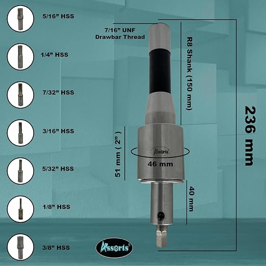 Assorts Precision Rotary Broach – R8 Shank (7/16" UNF) with HSS Hex Punches – CNC, Lathe, Milling & Drilling Compatible