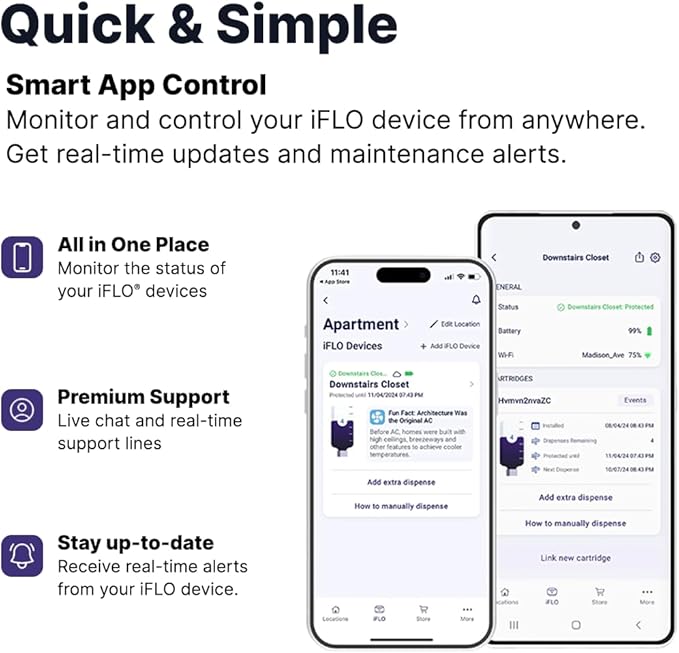 iFLO® Smart A/C Drain Line and Drain Pan Cleaner for HVAC System, Clog-Free, Easy Installation & App-Controlled Air Conditioner Maintenance, Includes 36oz Cleaner Cartridge Concentrate, 6 Month Supply