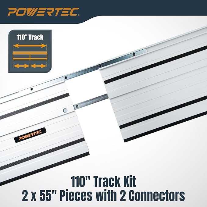 POWERTEC 110" Track Saw Guide Rail Joining Set for Kreg Track Saws, Include 2x55" Extruded Aluminum Guide Rail, 2 Rail Extension Connectors and Protective Carrying Bag (71992)