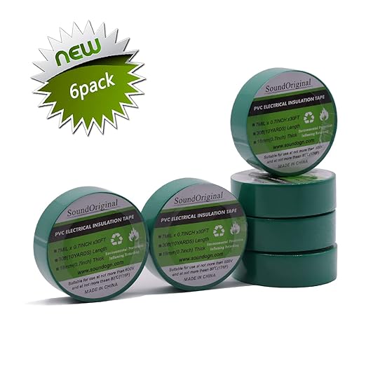 Electrical Tape Green 6 Pack 3/4-Inch by 30 Feet, Voltage Level 600V Dustproof, Adhesive for General Home Vehicle Auto Car Power Circuit Wiring Green