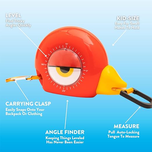 Handy Famm 8Ft Animal Shaped Kids Tape Measurer, Fun Level and Protractor Angle Finder, Educational Children's Tools, Small Measuring Tapes for Learning Early Math Skills, Ages 3 and up, Red Bird
