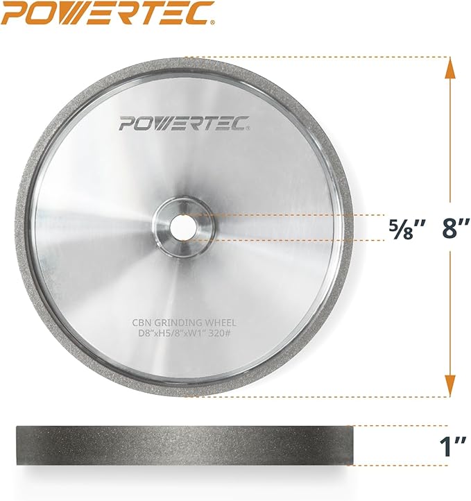 POWERTEC CBN Grinding Wheel 8 Inch 320 Grit, Bench Grinder Wheel for Sharpening HSS Tools, Lathe Tools & Chisel Set, 8" x 1" Wide, 5/8" Arbor Bench Grinder Wheels for Bench Grinder, 1 PK (15701)