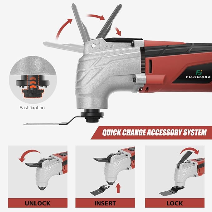 FUJIWARA Oscillating Tool Multi-Tool Kit, 2.5Amp 6 Variable Speed with Quick Lock Blade Change, Oscillating Saw Tool Angle 3.2°for Sanding Cutting Grinding with 33pcs Accessories