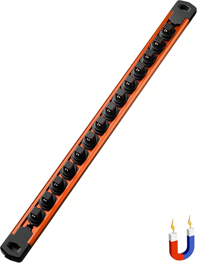 ALOANES 3/8-Inch Drive Magnetic Socket Organizer, Heavy Duty Aluminum Socket Rail Organizer, 360° Swivel Clips Socket Holder Kit for Tool Box, 3/8-Inch Socket Holder x 14 Clips (Orange)
