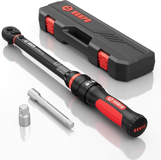 Torque Wrench 3/8-Inch Drive, 10-100 Ft-Lb/13.6-135.5Nm Click Adjustment Torque Wrench with 3/8" to 1/2" Adapter, 125mm Extension Bar Motorcycle, Car & Small Machinery Maintenance