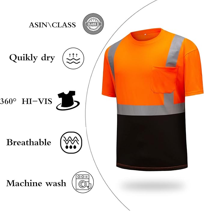 High Visibility Shirts Quick Dry Safety T Shirts with Reflective Strips and Pocket Short Sleeve Mesh Hi Vis Construction Work Class 2 Shirt for Men/Women Black Bottom Orange,Small