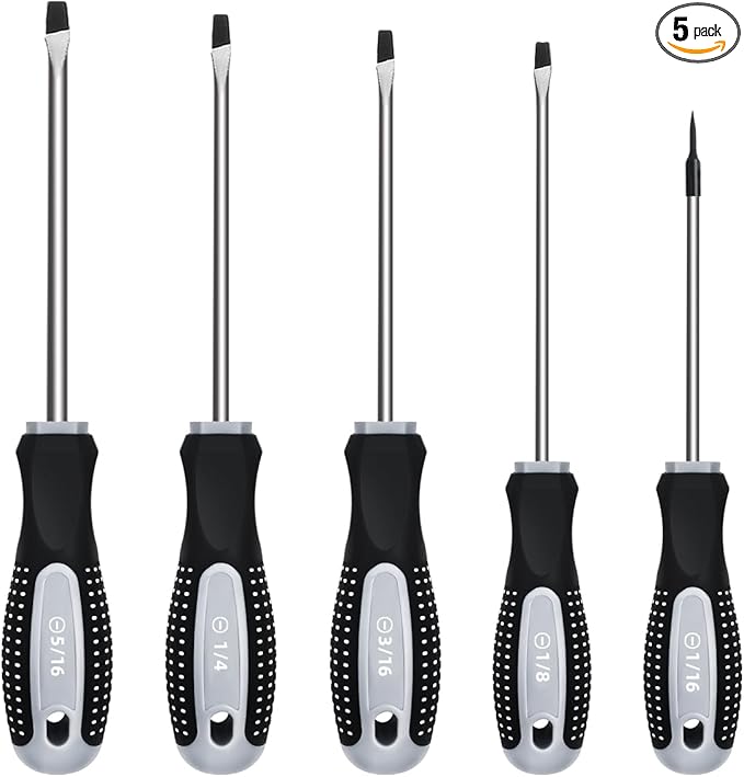 Flat Head Screwdriver Set (5 Pack in the Following Sizes - 1/16", 1/8", 3/16", 1/4", 5/16") Slotted Screwdrivers with Magnetic Tips & Soft Ergonomic Handle - Standard & Precision Flathead Screwdrivers