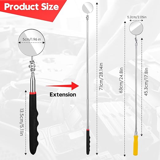 Telescoping Inspection Mirror, 2 Pcs Flexible Retractable Automotive Extension Round Mirror 360 Rotation&Bendable Circular Mirror, Extendable Mirror on a Stick for Checking Vehicle Condition