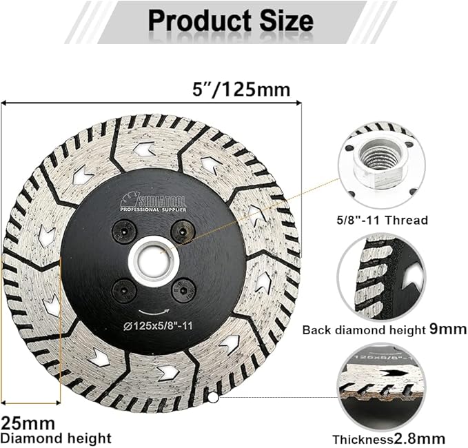 SHDIATOOL 5 Inch Granite Turbo Cutting Blades Two-in-One Design Cut Grind Sharpen Marble Concrete and Bricks(2-Pack)