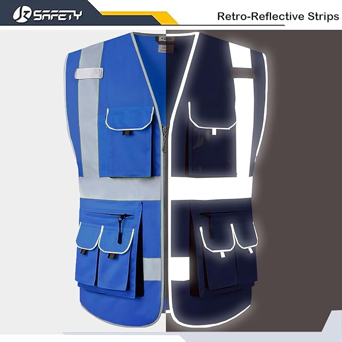 JKSafety 10 Pockets Blue Color Safety Vest Zipper Front with High Reflective Strips Meets ANSI/ISEA Standards (88-Blue, X-Large)