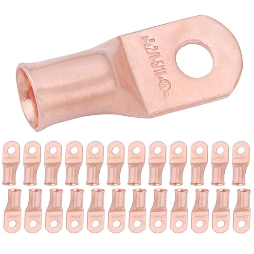 SELTERM 25pcs 2/0 AWG 5/16" Stud Battery Lugs, Ring Terminals, Heavy Duty Copper Wire Lugs, Battery Cable Ends, 00 Gaug Ring Terminal Connectors, UL Bare Copper Eyelets Electrical Battery Cable Lugs