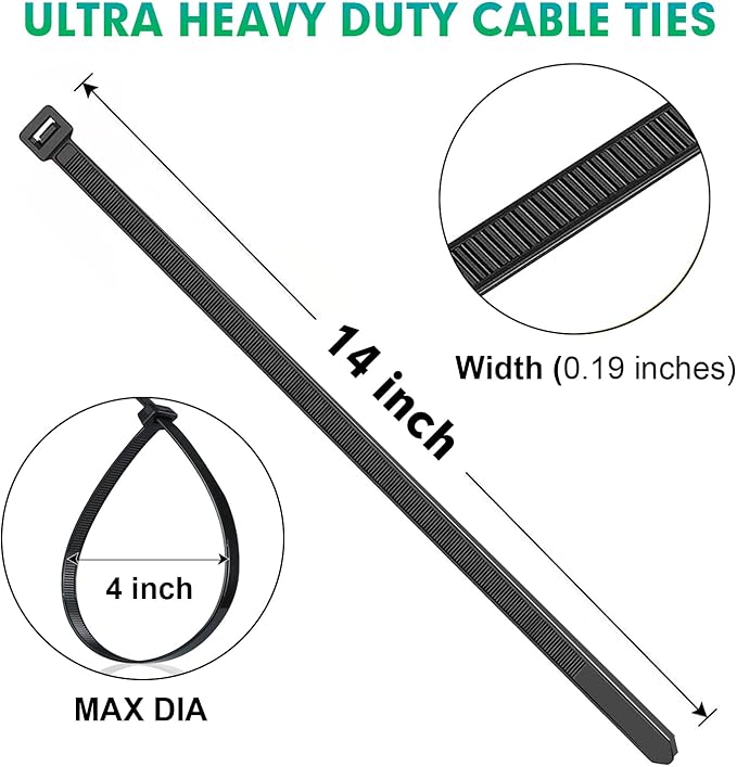 Zip Ties, RAZCC 1200pcs Black Cable Zip Ties 14 Inch, Heavy Duty Plastic Wire Ties with 70lb Tensile Strength, Self-Locking Black Nylon Tie Wraps for Indoor and Outdoor