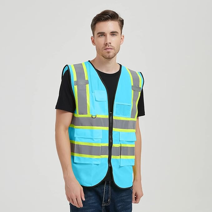 Safety Vest Customize Logo with 5 Pockets & Zipper Reflective High Visibility Vest Class 2 Outdoor Workwear