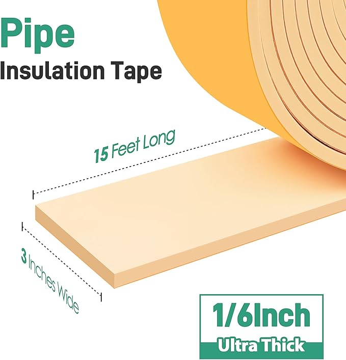 Pipe Insulation Tape, Foam Insulation Tape for Outdoor Pipes Winter Freeze Protection, Foam Pipe Insulation Wrap, Heat Tape for Water Pipes, Copper Pipes, PVC, AC Line, 3in x 15ft, Beige