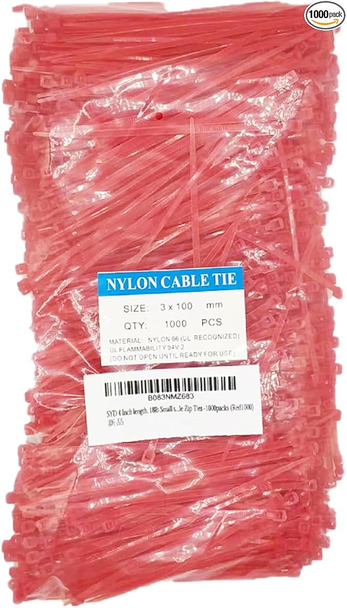 4 Inch Red Zip Ties (1000 Pieces), 18lb Strength, Nylon Cable Wire Ties