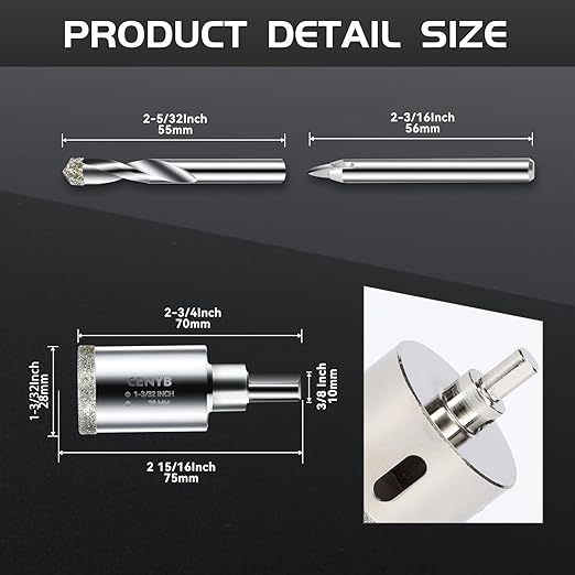 1-3/32inch | 28mm Diamond Hole Saw with Center Drill bit and Diamond-Coated Center Drill bit for Ceramic Glass Marble Fiberglass Granite and Porcelain Tiles by CENYB