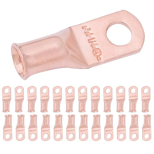 SELTERM 25pcs 4 AWG 1/4" Stud Battery Lugs, Ring Terminals, Heavy Duty Copper Wire Lugs, Battery Cable Ends, 4 Guage Ring Terminal Connectors, UL Bare Copper Eyelets Electrical Battery Cable Lugs