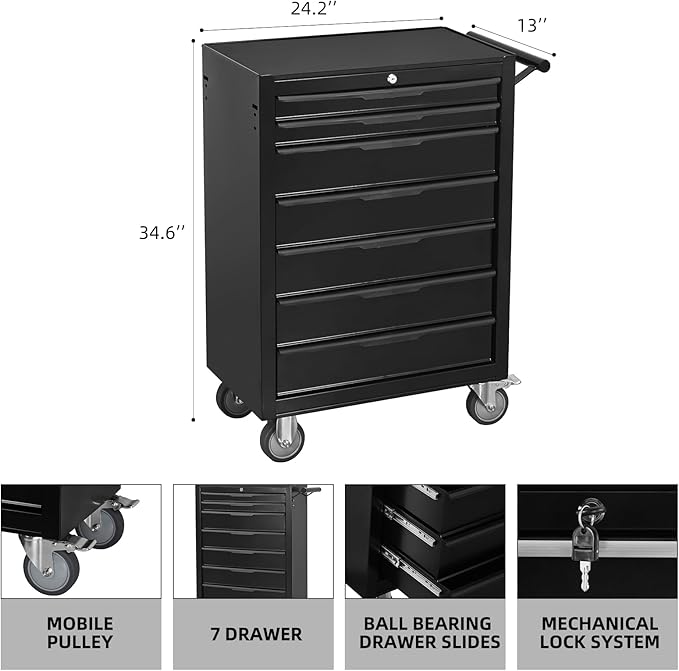 7-Drawer Rolling Tool Chest Cabinet, Large Capacity Metal Tool Box with Wheels and Keyed Locking, Roll Around Storage Organizer Tool Cart for Garage, Warehouse, Work Shop (Black)