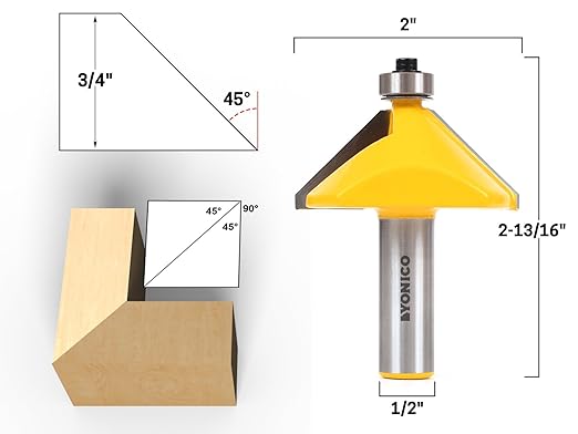 YONICO Router Bits Edge Forming Chamfer 45 Degree 1/2-Inch Shank 13916