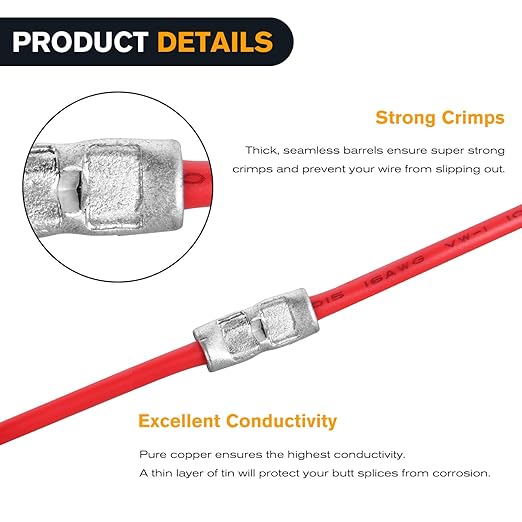 Nilight 100PCS Non Insulated Butt Connectors Kit AWG 24-8 Uninsulated Crimp Butt Connectors Pure Copper Tin Coated Crimp Terminals for Motorcycle Motorbike Car Truck Boats