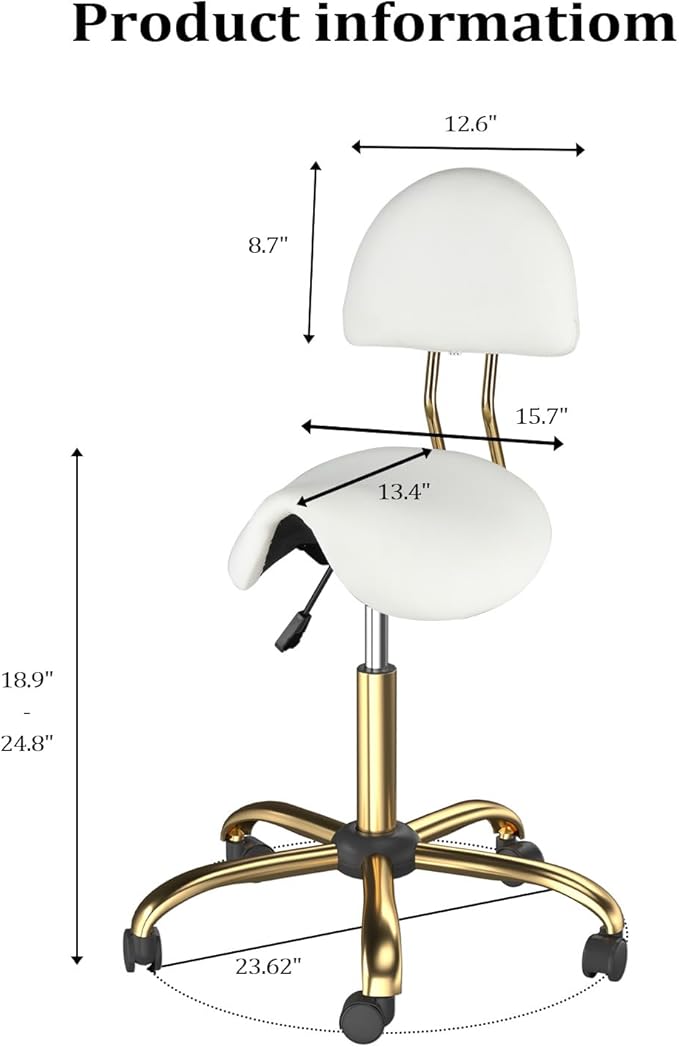 OmySalon Drafting Chair,Ergonomic Saddle Stool with Back Support,Tall Adjustable Rolling Stool with Thick Seat Cushion, Office Computer Chair for Salon Barber Spa Home Bar, White Gold