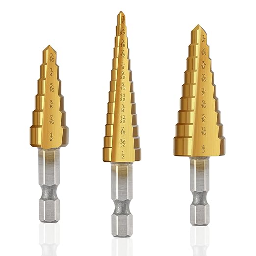 INTHEEND Step Drill Bit Set, 3 Pcs High Speed Steel Spiral Grooved Step Drill Bit for Metal Sheet Aluminum Wood Hole Drilling, 1/4" Hex Shank Step Bit for Faster Drilling 28 Size Cone Step Drill Bits
