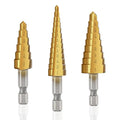 INTHEEND Step Drill Bit Set, 3 Pcs High Speed Steel Spiral Grooved Step Drill Bit for Metal Sheet Aluminum Wood Hole Drilling, 1/4" Hex Shank Step Bit for Faster Drilling 28 Size Cone Step Drill Bits