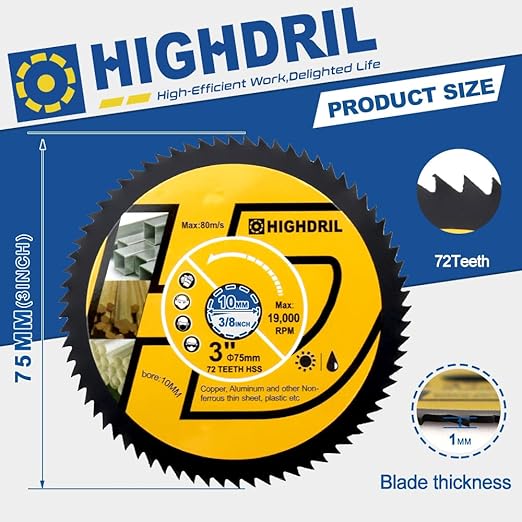HIGHDRIL HSS Metal Blade 3" 75mm x Arbor 3/8" 10mm - 4pcs Angle Grinder Cutting Disc for Cutting Copper Aluminum Plastic Soft Metal
