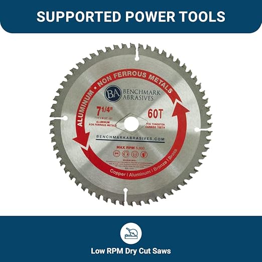 Benchmark Abrasives TCT 7 1/4 Inch Circular Saw Blade, Tungsten Carbide Tipped Non Ferrous Metal Cutting Saw Blades for Cutting Plastic, Fiberglass, PVC, Aluminum Cutting Blade - ‎(7-1/4" 60 Teeth)