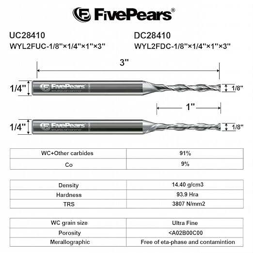 FivePears Up&Down Cut Spiral Router Bits Set for CNC, 1/8 inch Cutting Diameter and 1 inch Cutting Length 1/4 inch Shank Carbide End Mill Router Bit for Wood Carving Engraving Grinding Grooving