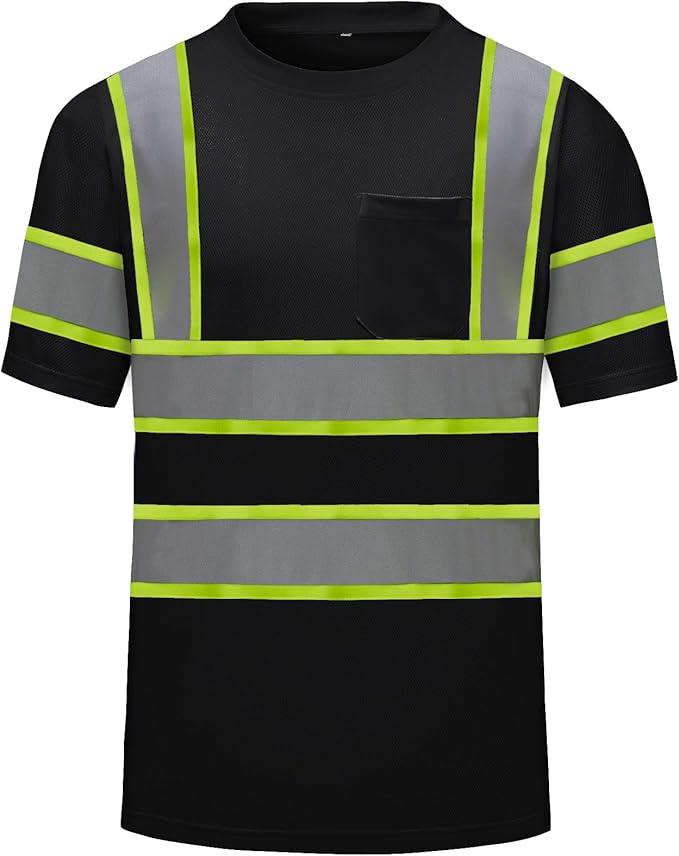 High Visibility Shirts Quick Dry Safety T Shirts with Reflective Strips and Pocket Short Sleeve Mesh Hi Vis Construction Work Class 2 Shirt for Men/Women Black,XL