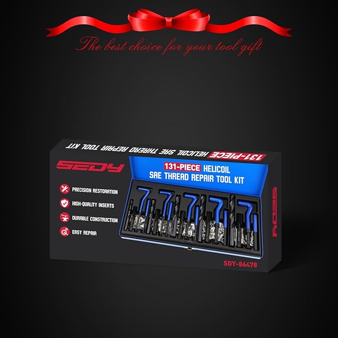 SAE Thread Repair Helicoil Kit - 131PC with HSS Drill Bits, Inserts, Taps, and Breakoff Tools for Rethreading on Metal, Engine, Pipe Repair - Sizes 1/4" 5/16" 3/8" 7/16" 1/2"