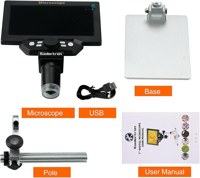Koolertron 7" LCD Digital Microscope 12MP 1-1200X Magnification - Handheld USB Microscope Camera with 32GB TF Card, 8 Adjustable LED Lights & Rechargeable Battery - Portable for Coin/PCB/Insect/Rock