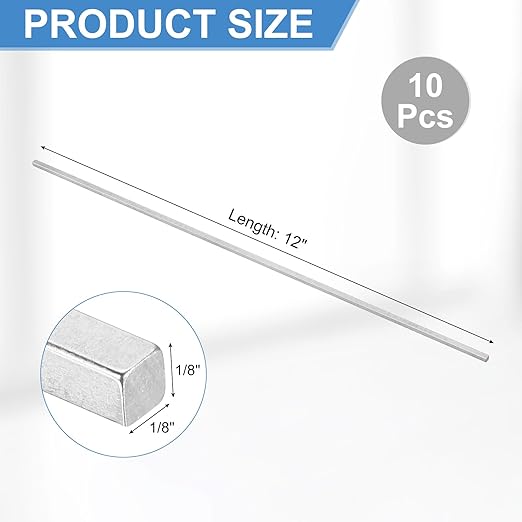 uxcell 10Pcs Square Steel Key Stock, 1/8" x 1/8" x 12" Cold-Drawn 45# Steel Bars Precision Key Stock for Gearbox Coupling, Silver Tone
