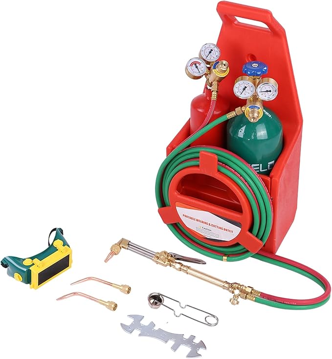 Oxygen Acetylene Torch Kit, Professional Welding Cutting Kit, Long Pipe Brass Nozzle Welding Torch Kit with Gauge Oxygen Acetylene, Portable Oxyacetylene Welding and Cutting Torch Kit Red